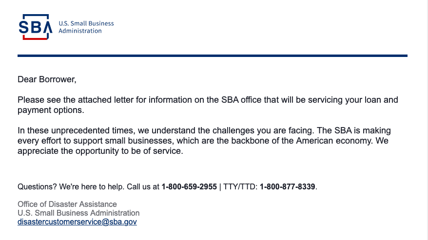 Example of the email received from the SBA.  